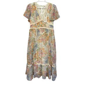 BOHO Floral Print Maxi Dress Lace Trim V-Neck Short Sleeves By In Loom Large